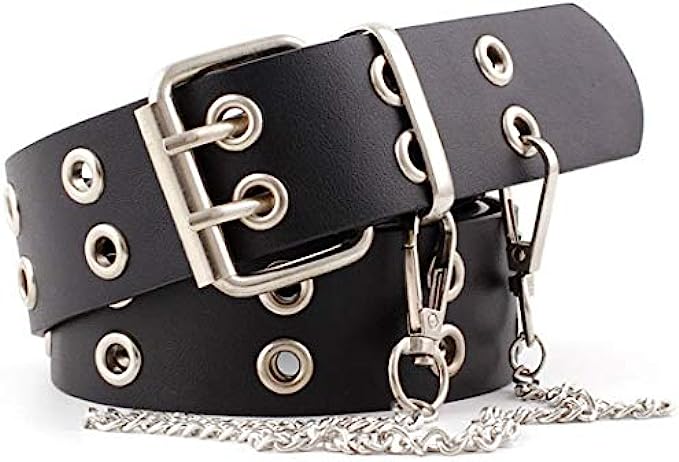 Double-Grommet-Belt Leather Punk-Waist-Belt with Chain for Women Jeans Dresses