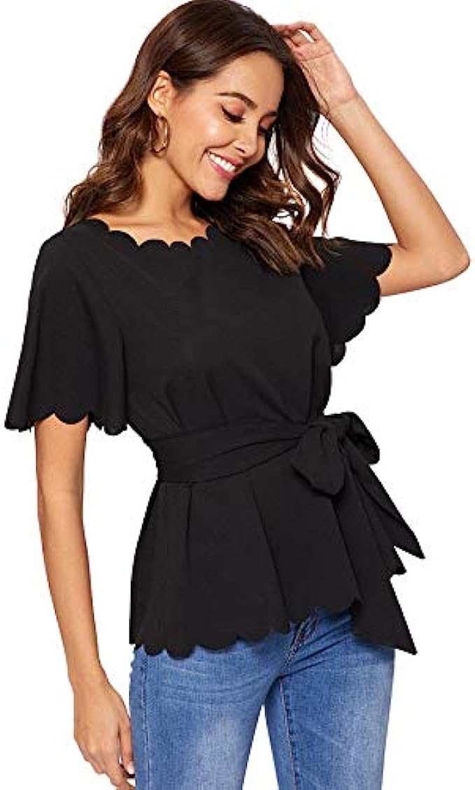 Romwe Women&#039;s Bow Self Tie Scalloped Cut Out Short Sleeve Elegant Office Work Tunic Blouse Top