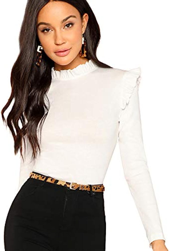 Romwe Women&#039;s Stand Collar Slim Fit Frilled Ruffles Shoulder Solid Keyhole Blouse Top