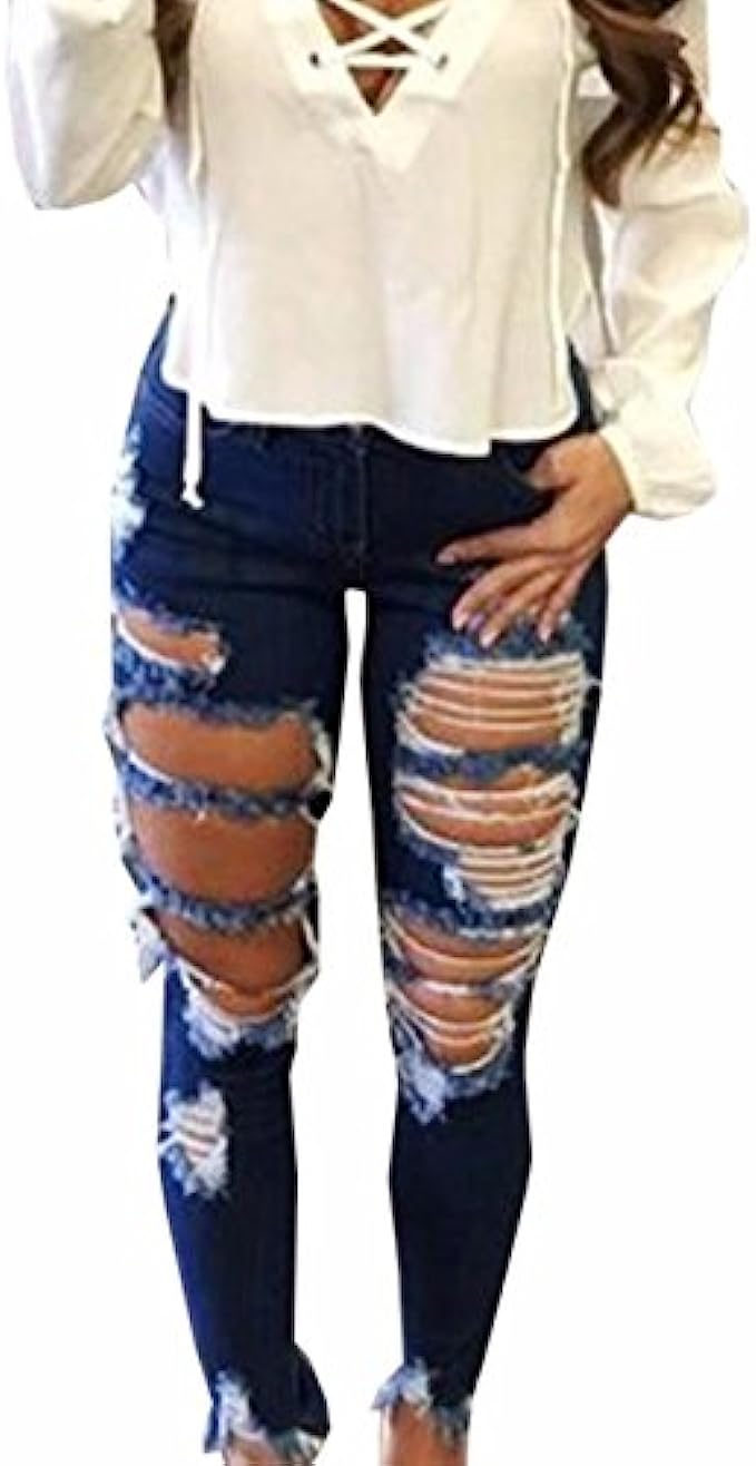Sexyshine Women&#039;s High Waisted Skinny Destroyed Ripped Hole Denim Pants Long Stretch Pencil Jeans