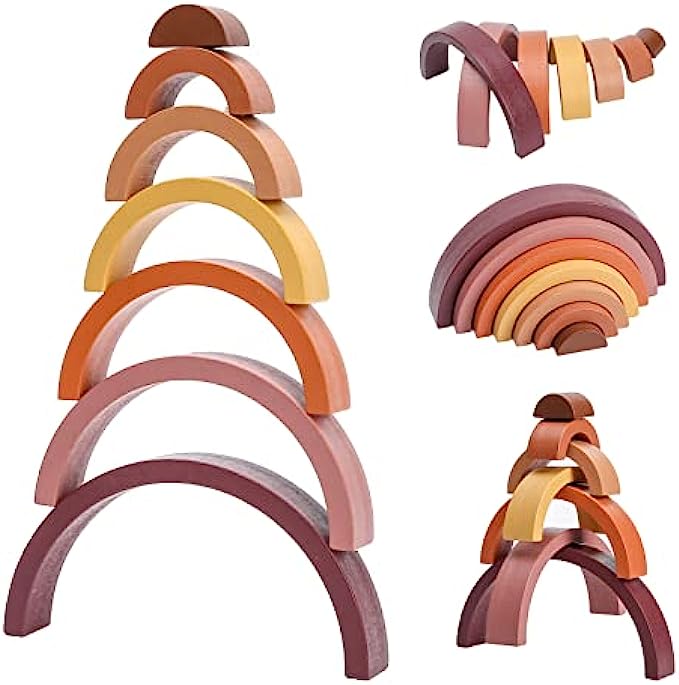 Macabaka Wooden Rainbow Stacking Toy, Small Size Wooden Rainbow Stacker, 7pcs Building Blocks Set Wooden Stacking Toy Early Matching Educational Montessori Toys for Preschool Kids Boys and Girls