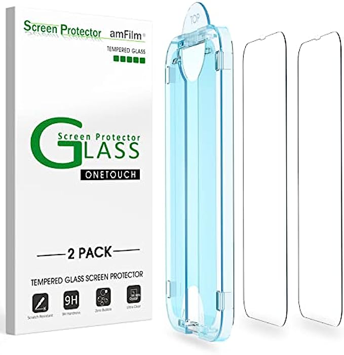 amFilm 2 Pack OneTouch Glass Screen Protector Compatible with iPhone 13/iPhone 13 Pro 6.1&quot; with Easy Installation Kit, Full Coverage Case Friendly