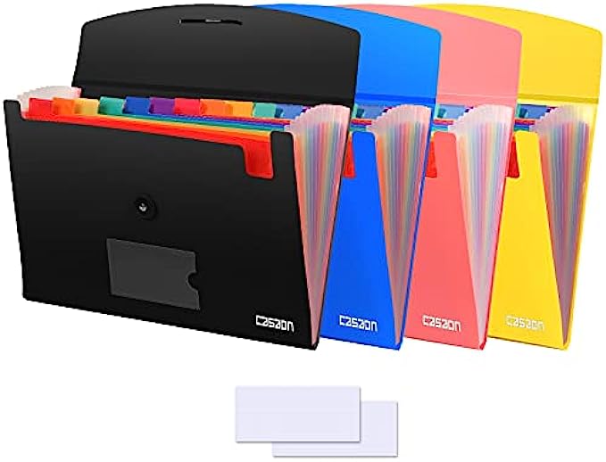 4 Pack 13-Pocket Expanding File, Plastic Expandable File Folder with Pockets, A4/Letter Size Accordion Organizer Folder, for School and Office Supplies - Black&amp;Blue&amp;Pink&amp;Yellow