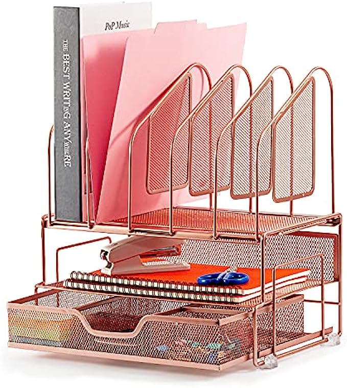 Beiz Rose Gold Desk Organizer with Storage Drawer, 2 Paper Tray &amp; 5 Upright Slots File Folder Holders Desktop Organizers, Cute Desk Supplies for Women Office Home School