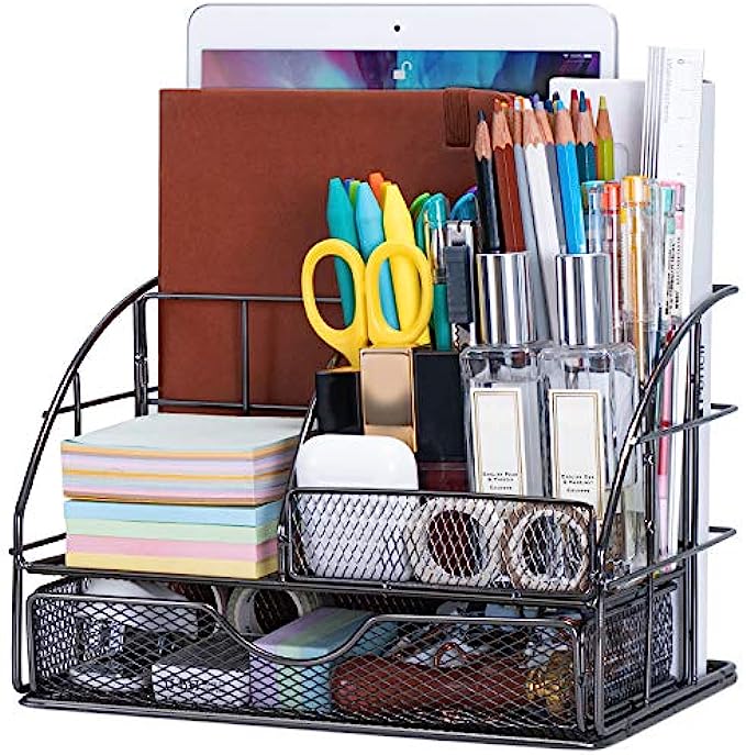 ARCOBIS Metal Desk Organizer Black Desk Oranginzer for Work, Office Supplies Desk Organizer for Pens Holder with 5 Compartments + 1 Large Drawer | The Mesh Collection