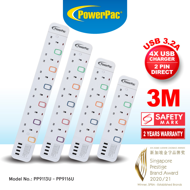 PowerPac Power Extension Socket Extension Cord 3/4/5/6 way 3 meter with 4x USB Charger (PP9113U to PP9116U)
