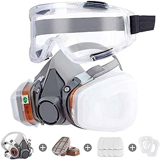 Respirator Mask Reusable Half Face Cover Gas Mask with Safety Glasses, Paint Face Cover Face Shield with Filters for Painting, Organic Vapor, Welding, Polishing, Woodworking and Other Work Protection