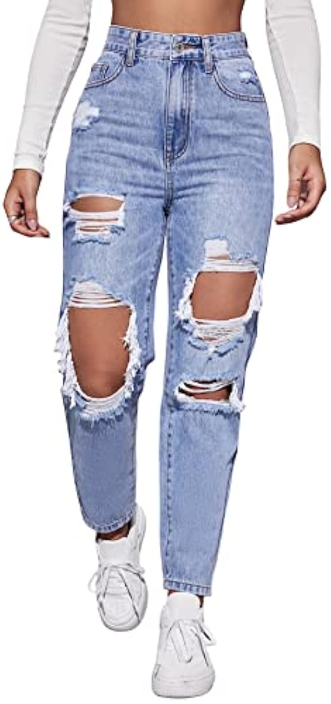 MakeMeChic Women&#039;s High Waist Straight Leg Ripped Jeans Distressed Denim Pants